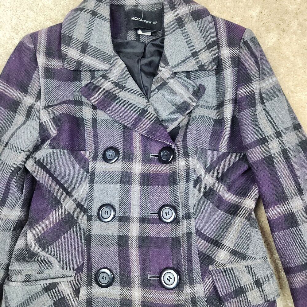 Moda International Vintage Peacoat Womens Small Gray Purple Tartan Plaid Wool - Picture 2 of 9